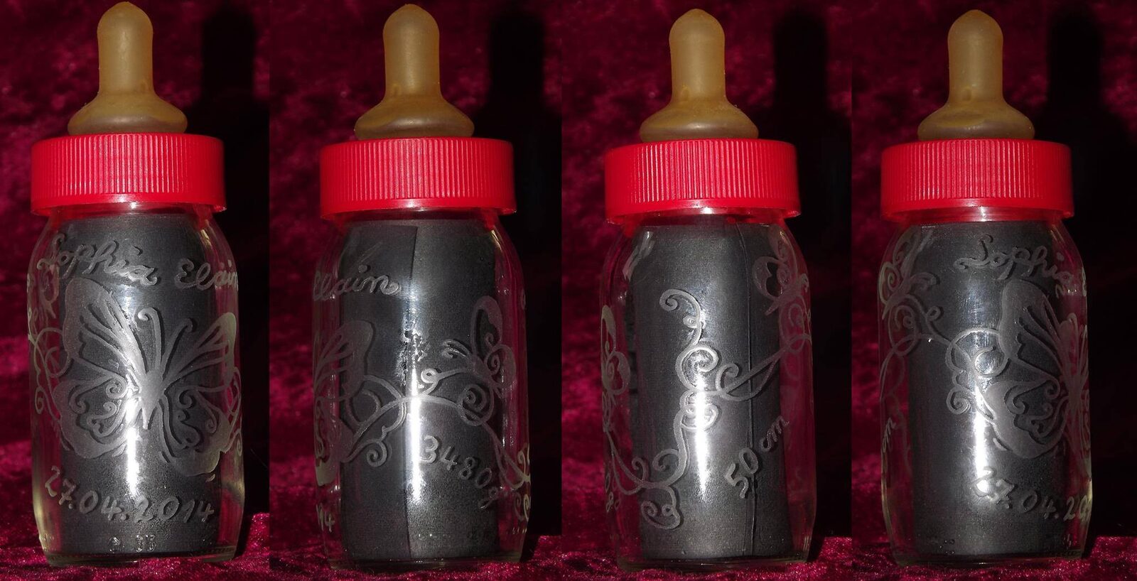 Gravierte Babyflasche mit Schmetterlingsmotiv, Name und Geburtsdatum